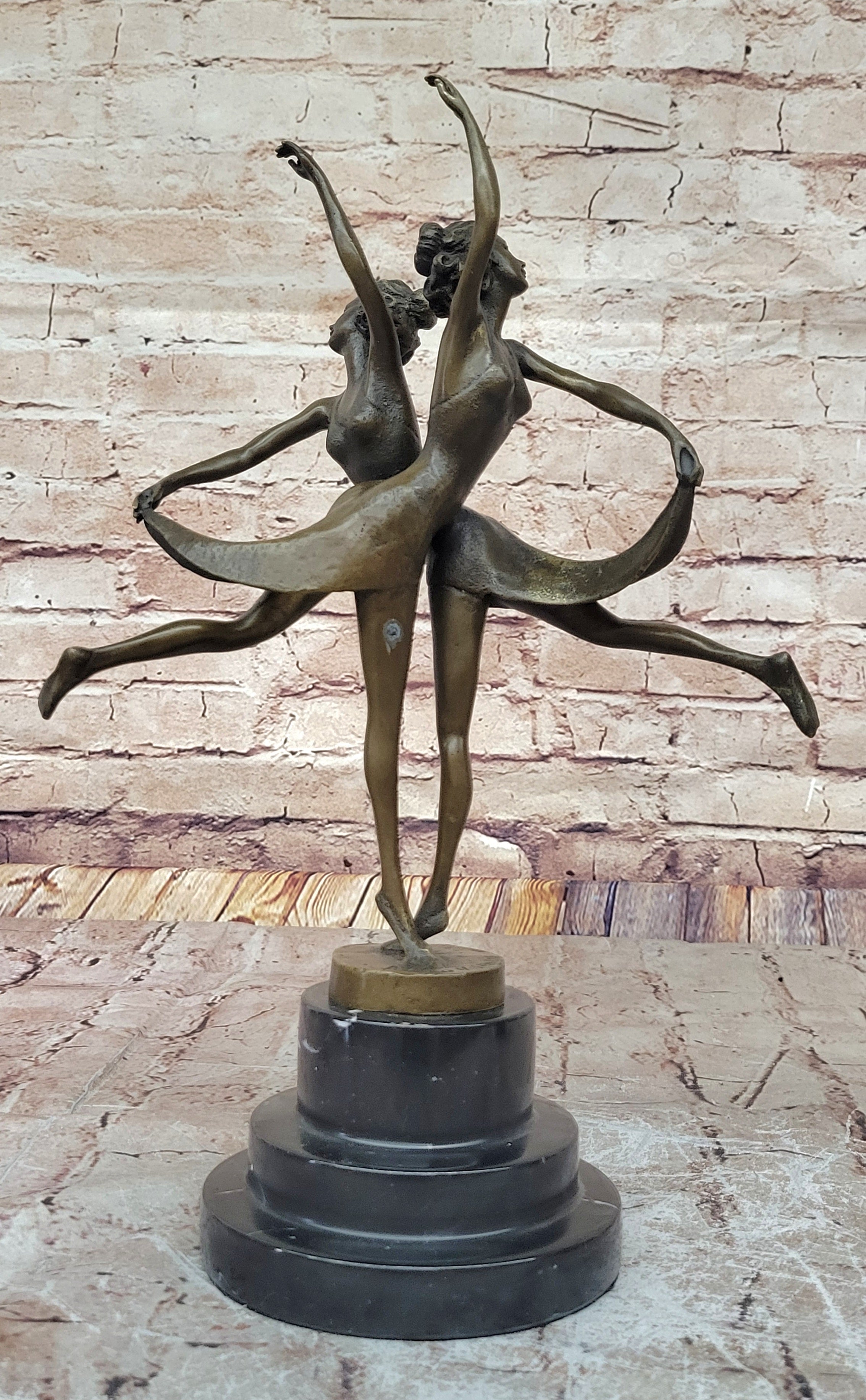 Dual Ballerina Dancers Gemini Girls Bronze Sculpture 14" x 10"