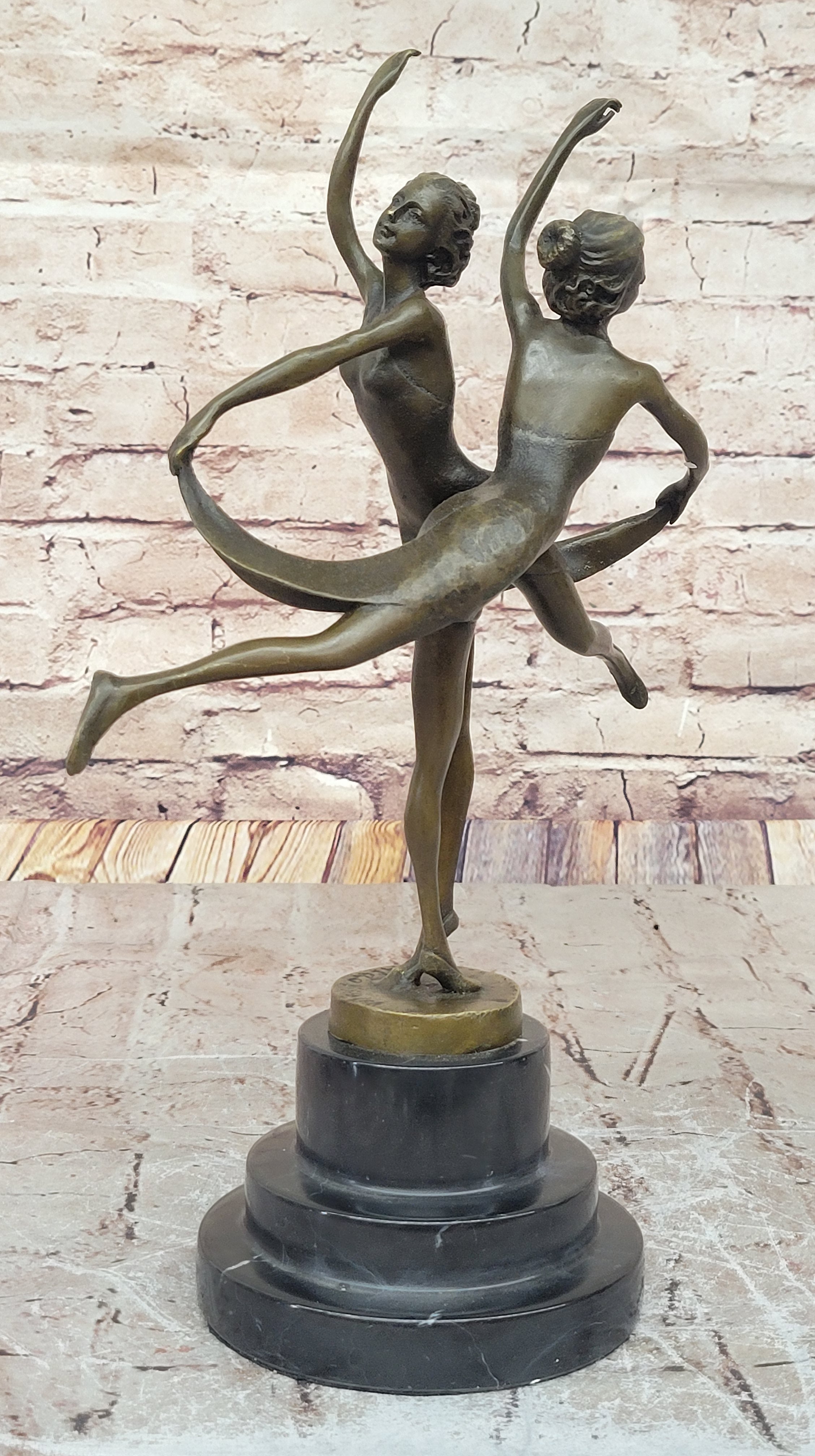 Dual Ballerina Dancers Gemini Girls Bronze Sculpture 14" x 10"