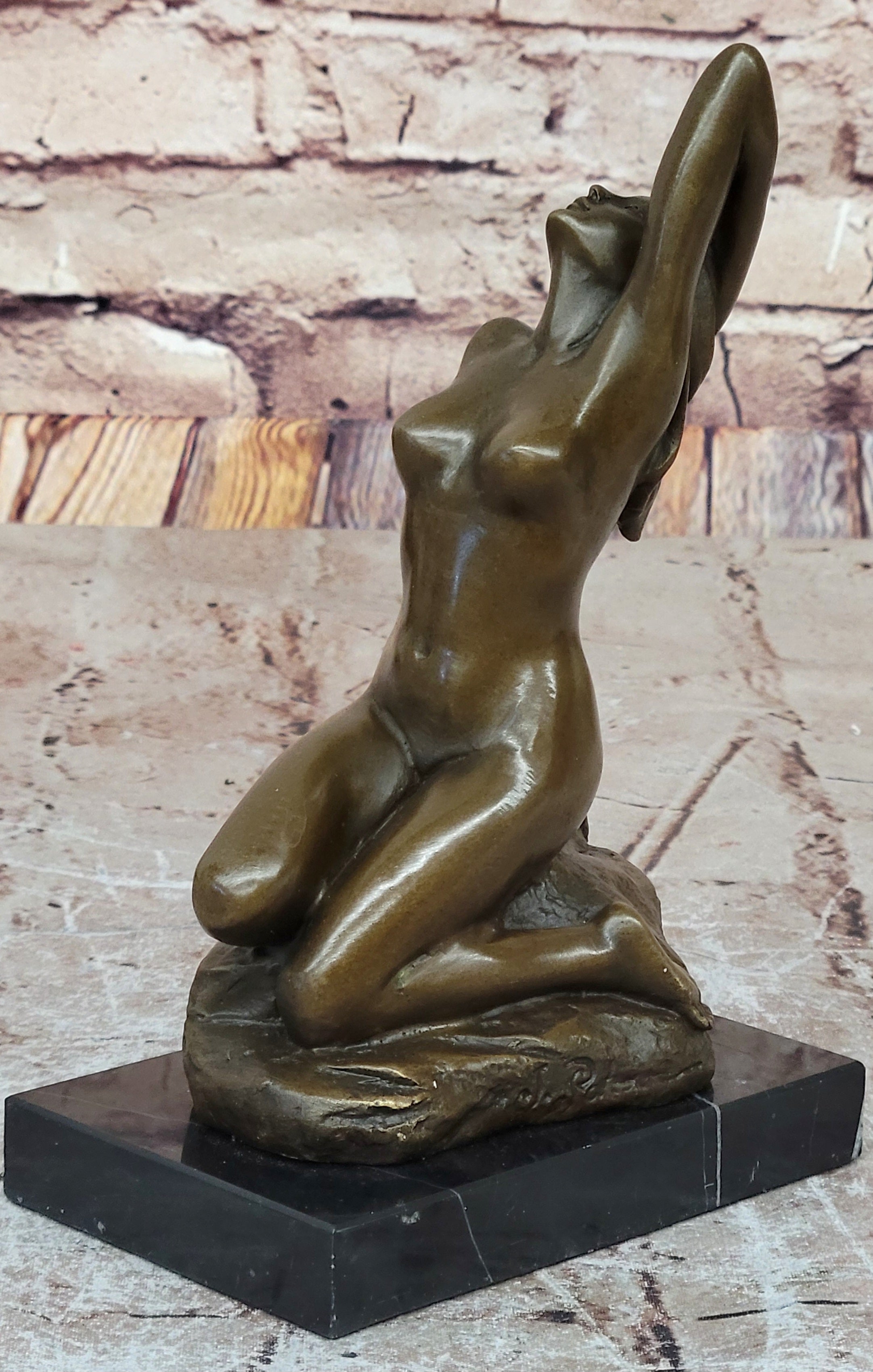Seductive Sexy Pose Nude Female Bronze Statue Sculpture Marble Base Original Art 9" x 5"