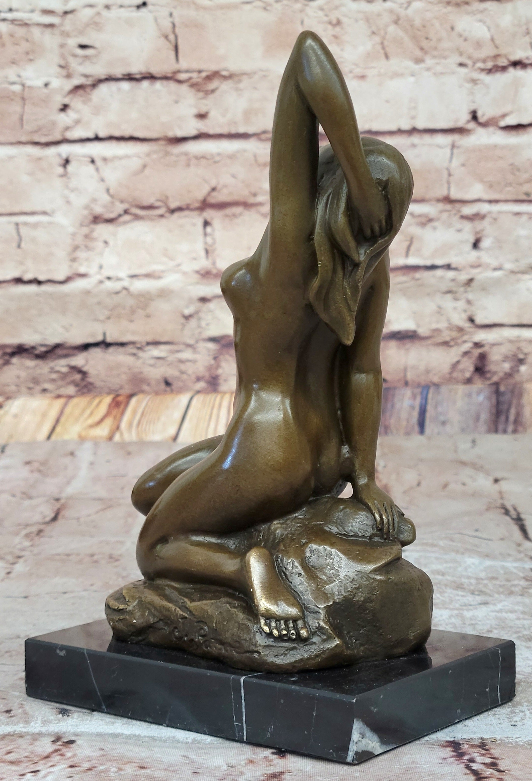 Seductive Sexy Pose Nude Female Bronze Statue Sculpture Marble Base Original Art 9" x 5"