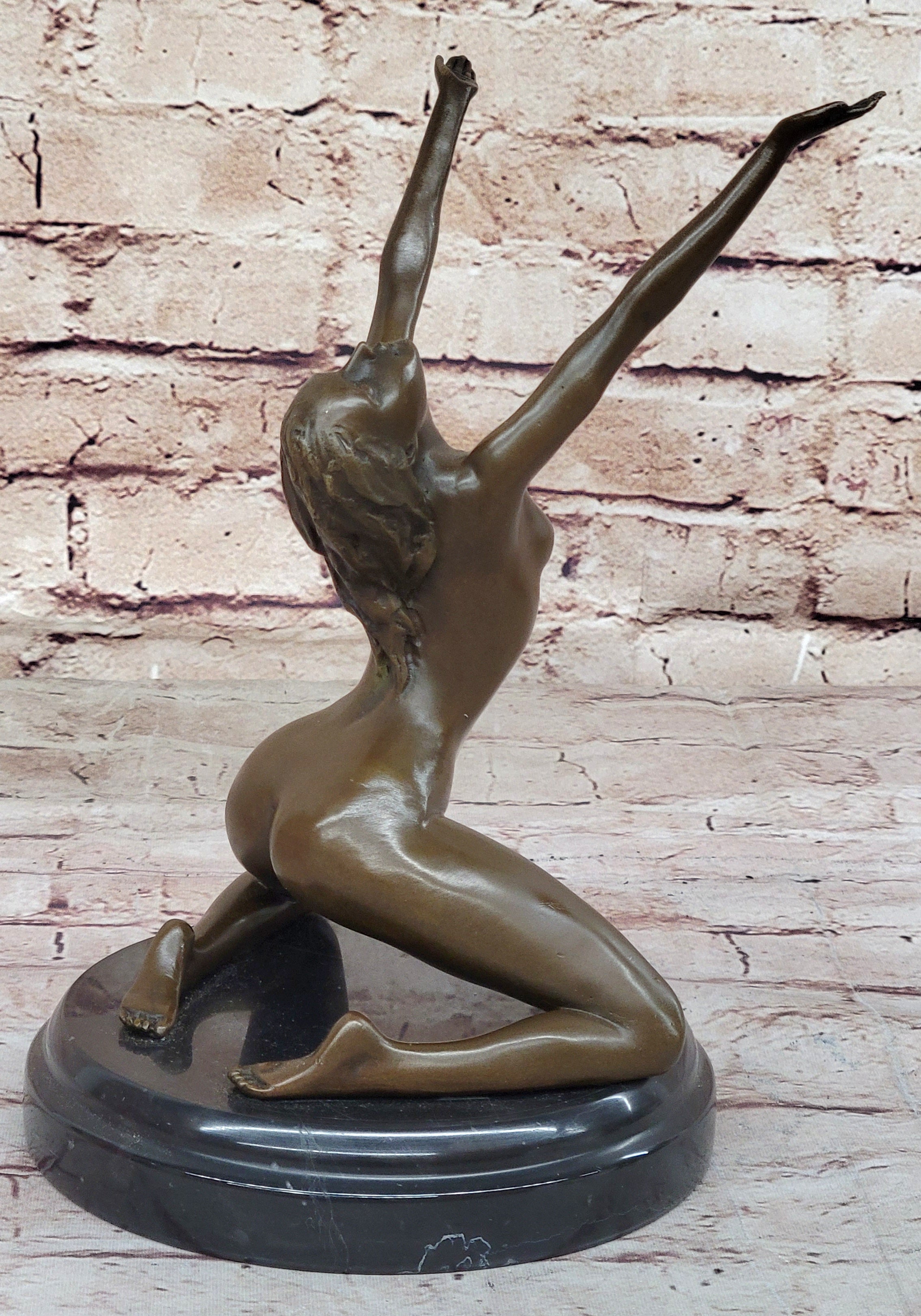 Nude Female Bronze Sculpture Arms Raised Outstretched Art 9" x 9"