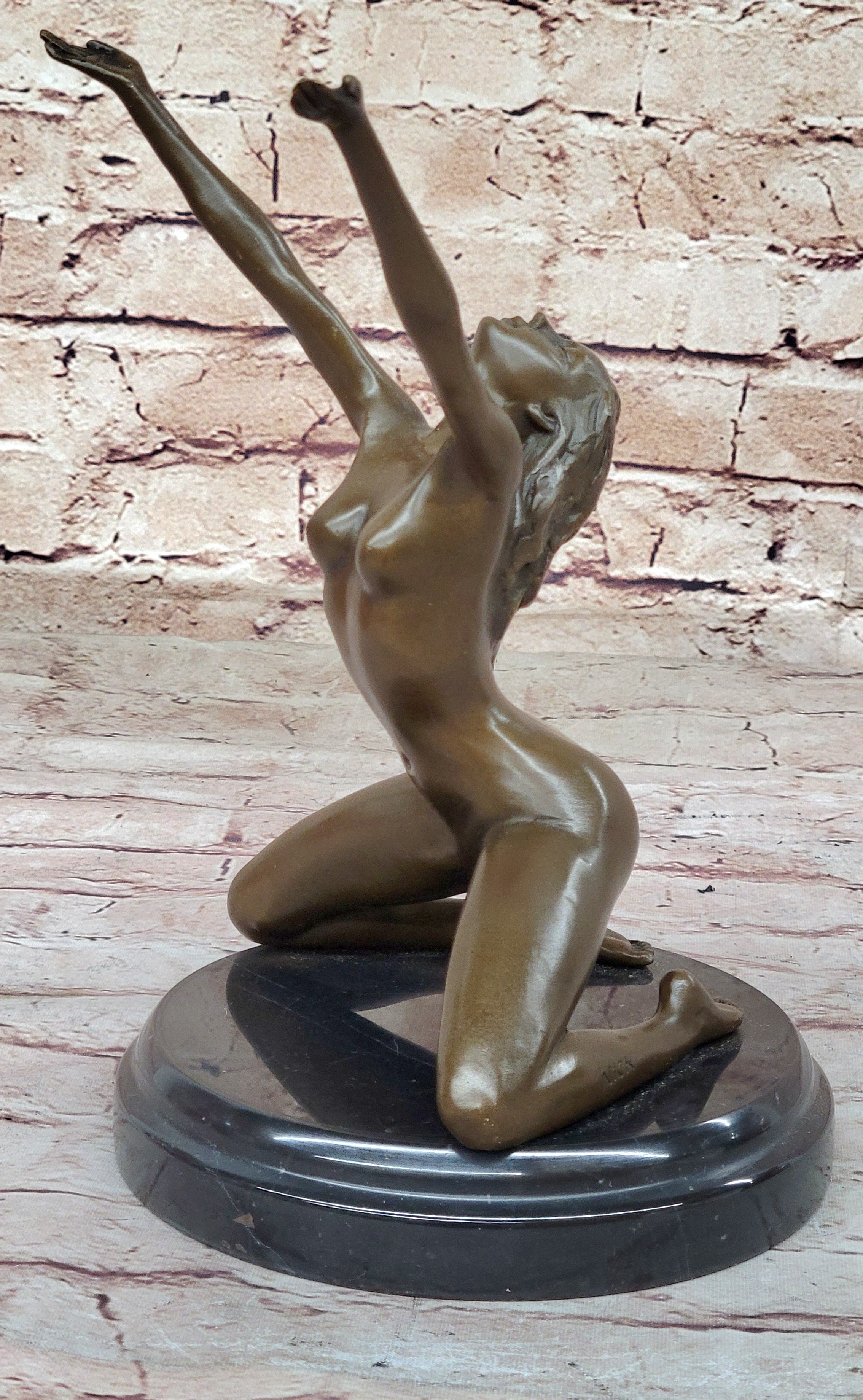 Nude Female Bronze Sculpture Arms Raised Outstretched Art 9" x 9"