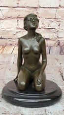 Nude Naked Artwork Sexy Girl w/ Pony Tail Sitting Bronze Sculpture 8.5" x 6"