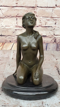 Nude Naked Artwork Sexy Girl w/ Pony Tail Sitting Bronze Sculpture 8.5" x 6"