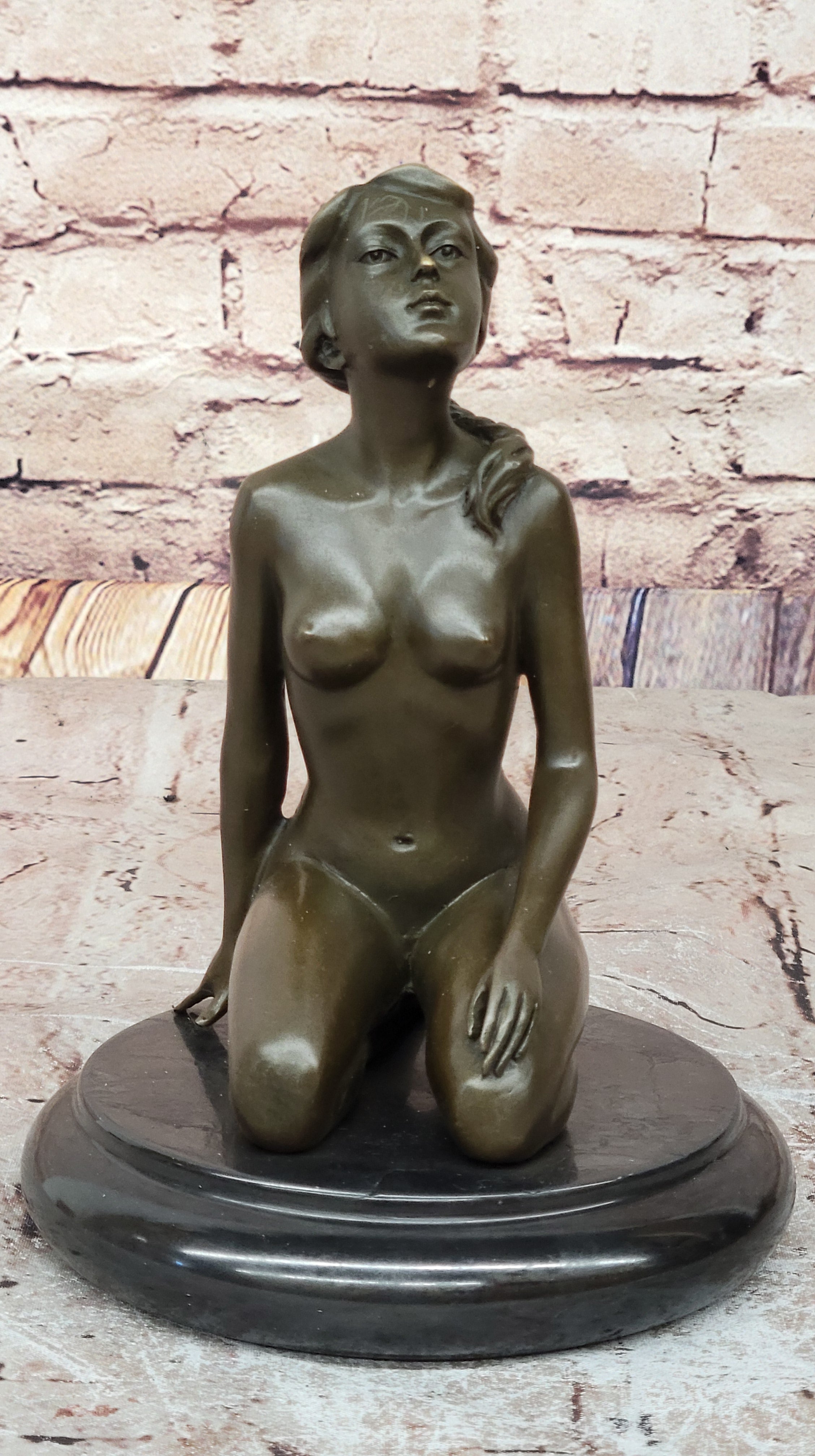 Nude Naked Artwork Sexy Girl w/ Pony Tail Sitting Bronze Sculpture 8.5" x 6"