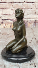 Nude Naked Artwork Sexy Girl w/ Pony Tail Sitting Bronze Sculpture 8.5" x 6"