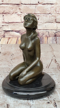 Nude Naked Artwork Sexy Girl w/ Pony Tail Sitting Bronze Sculpture 8.5" x 6"