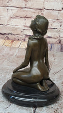 Nude Naked Artwork Sexy Girl w/ Pony Tail Sitting Bronze Sculpture 8.5" x 6"