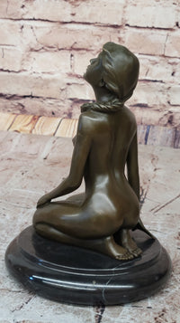 Nude Naked Artwork Sexy Girl w/ Pony Tail Sitting Bronze Sculpture 8.5" x 6"