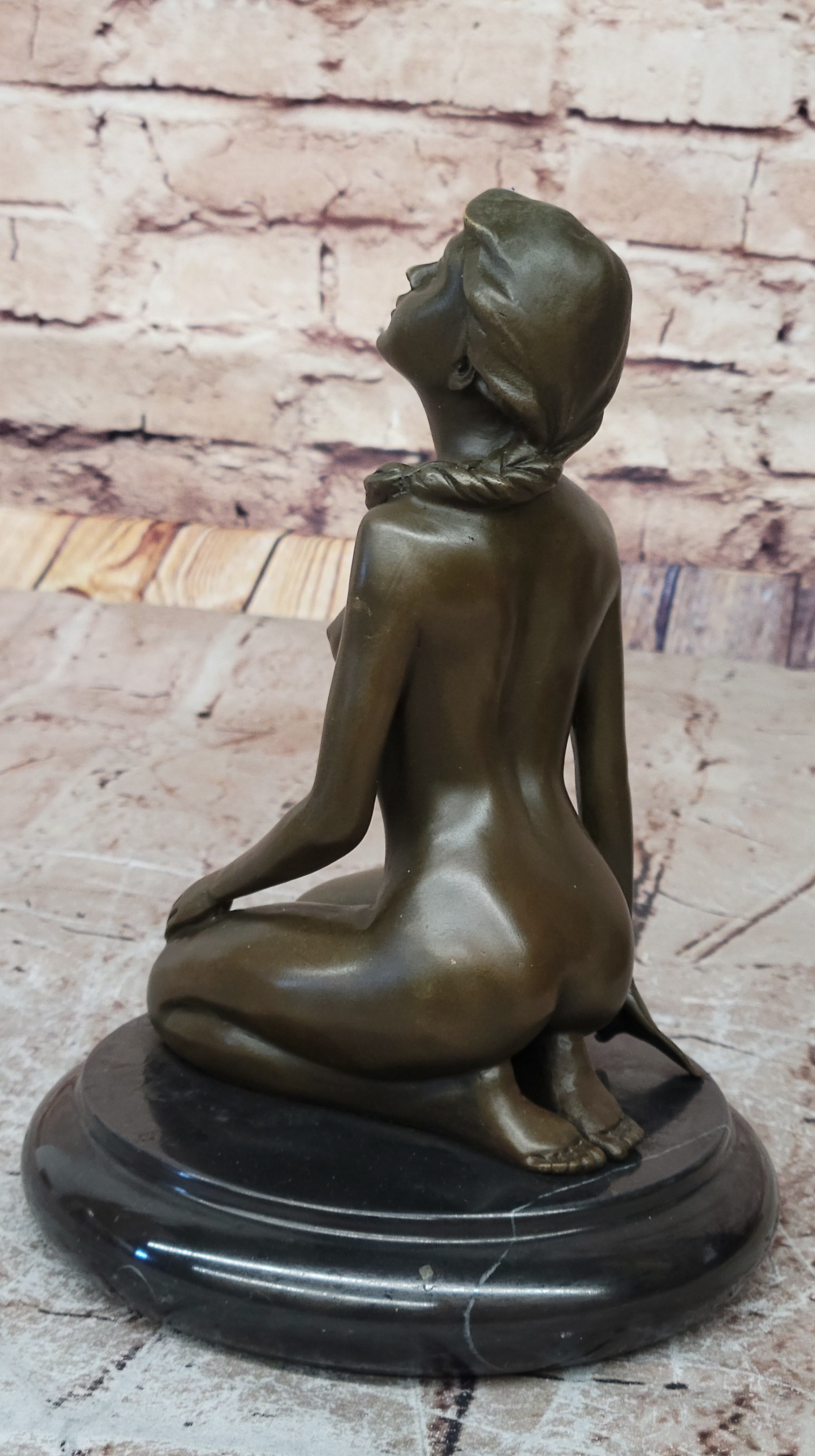 Nude Naked Artwork Sexy Girl w/ Pony Tail Sitting Bronze Sculpture 8.5" x 6"
