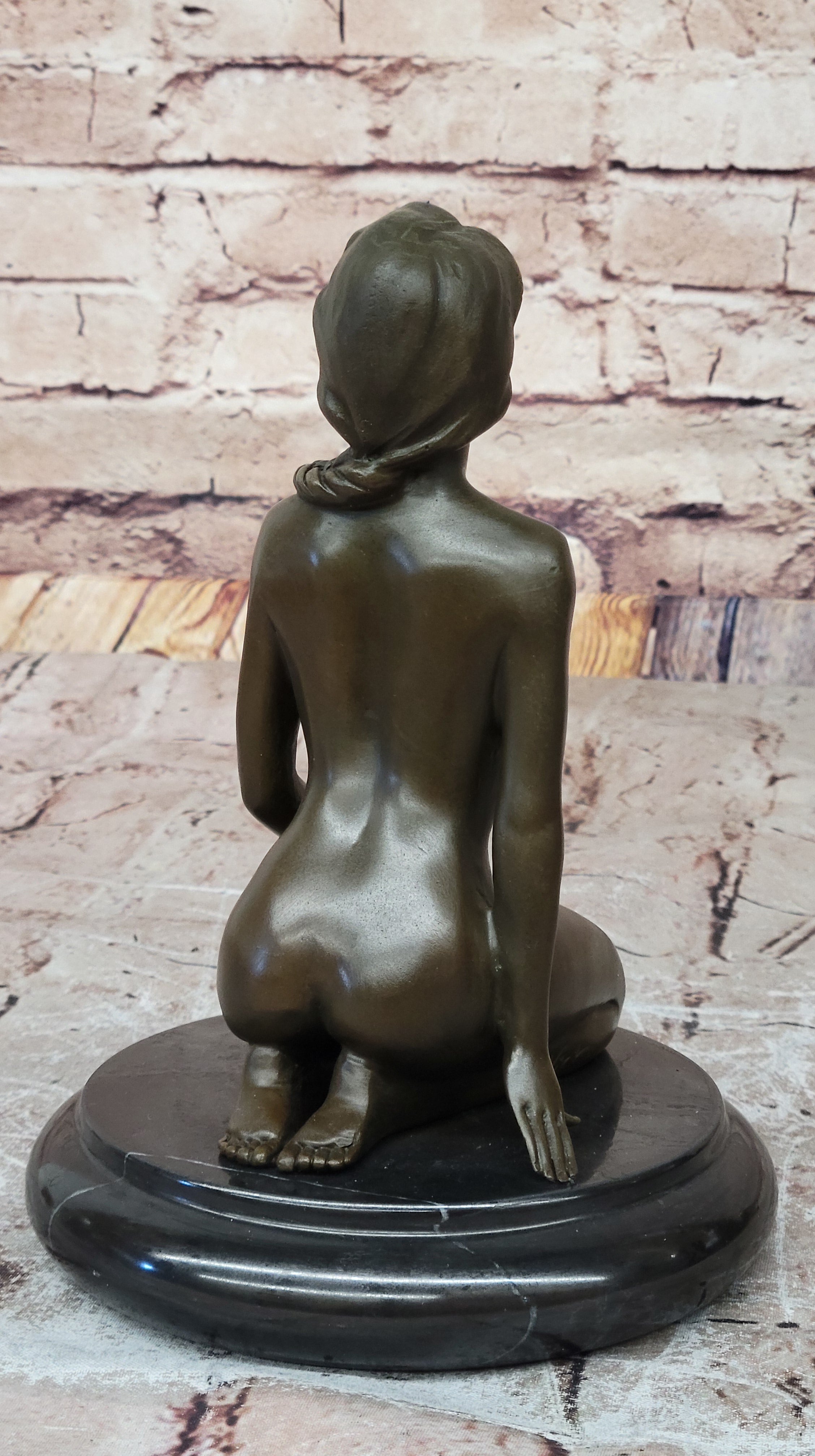 Nude Naked Artwork Sexy Girl w/ Pony Tail Sitting Bronze Sculpture 8.5" x 6"