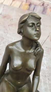 Nude Naked Artwork Sexy Girl w/ Pony Tail Sitting Bronze Sculpture 8.5" x 6"