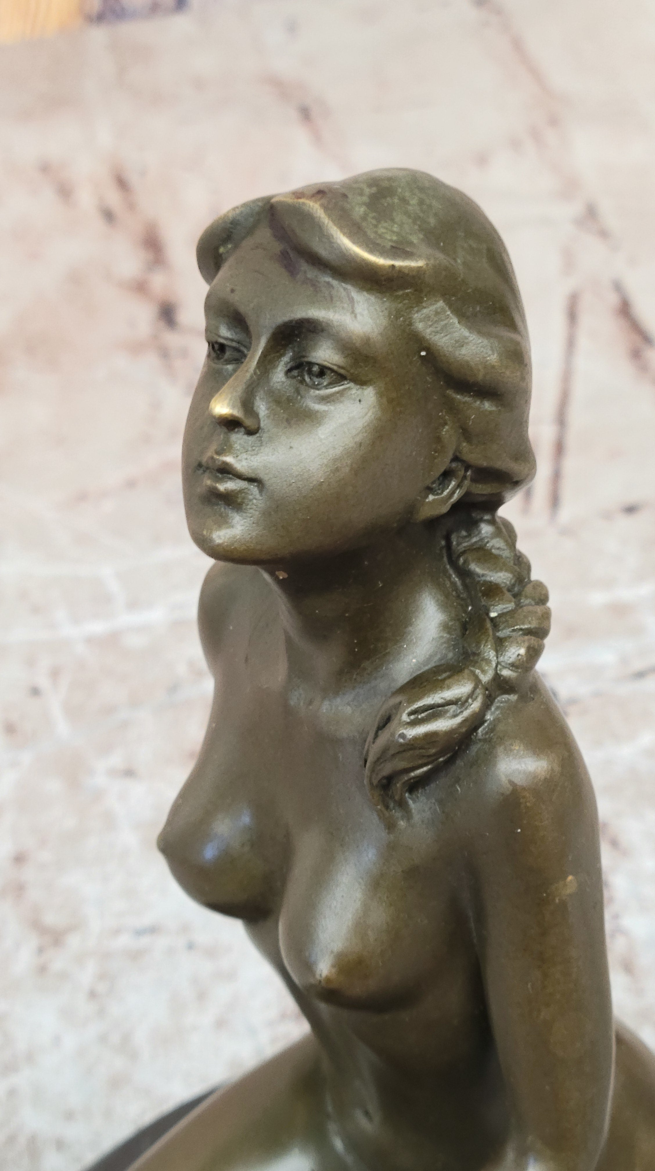 Nude Naked Artwork Sexy Girl w/ Pony Tail Sitting Bronze Sculpture 8.5" x 6"