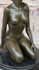 Nude Naked Artwork Sexy Girl w/ Pony Tail Sitting Bronze Sculpture 8.5" x 6"