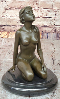 Nude Naked Artwork Sexy Girl w/ Pony Tail Sitting Bronze Sculpture 8.5" x 6"