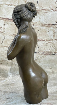 Signed Nude Girl Bust Torso Bronze Sculpture Art Figure