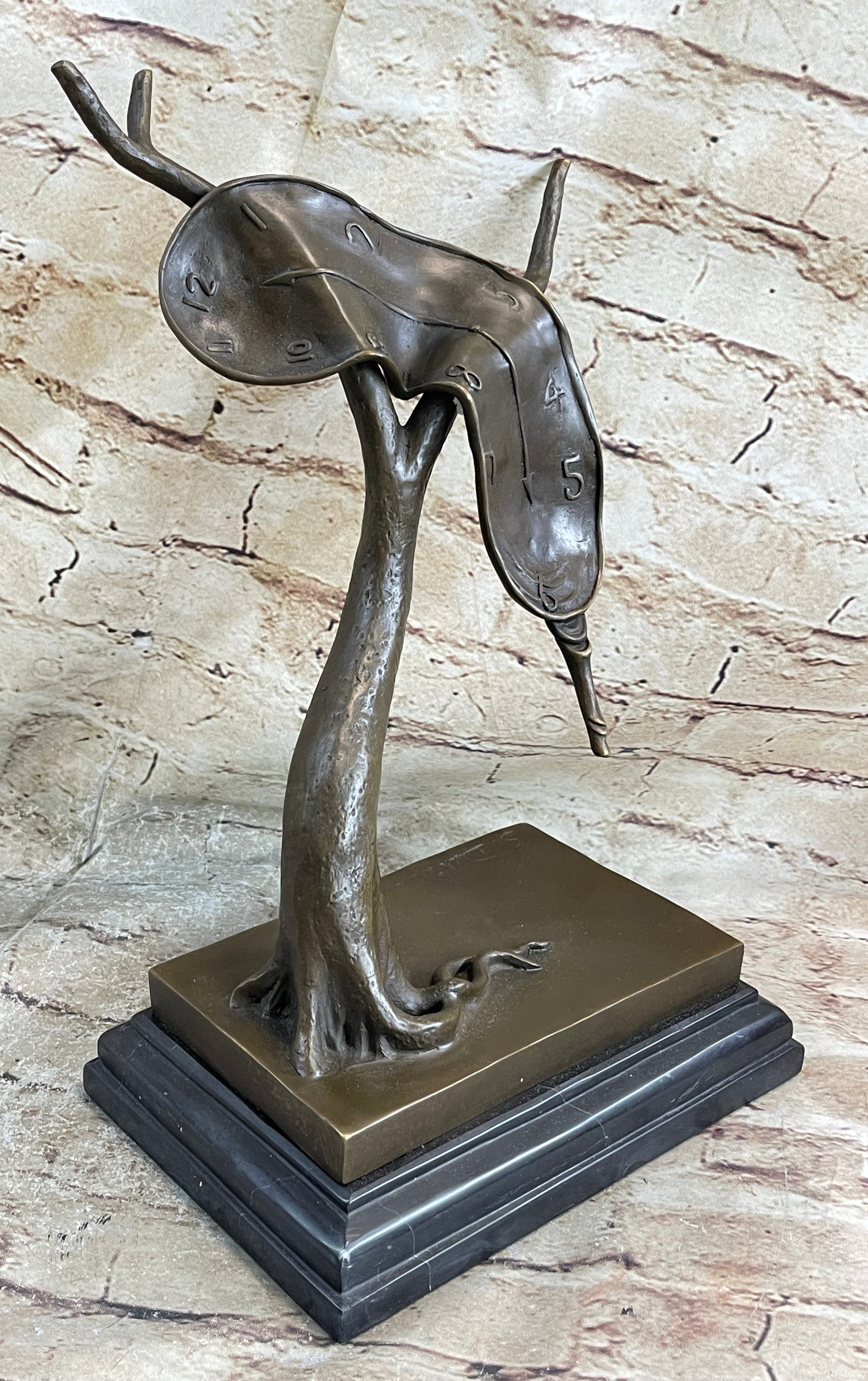 Bronze Surreal Melting Clock by Dali on Marble Base