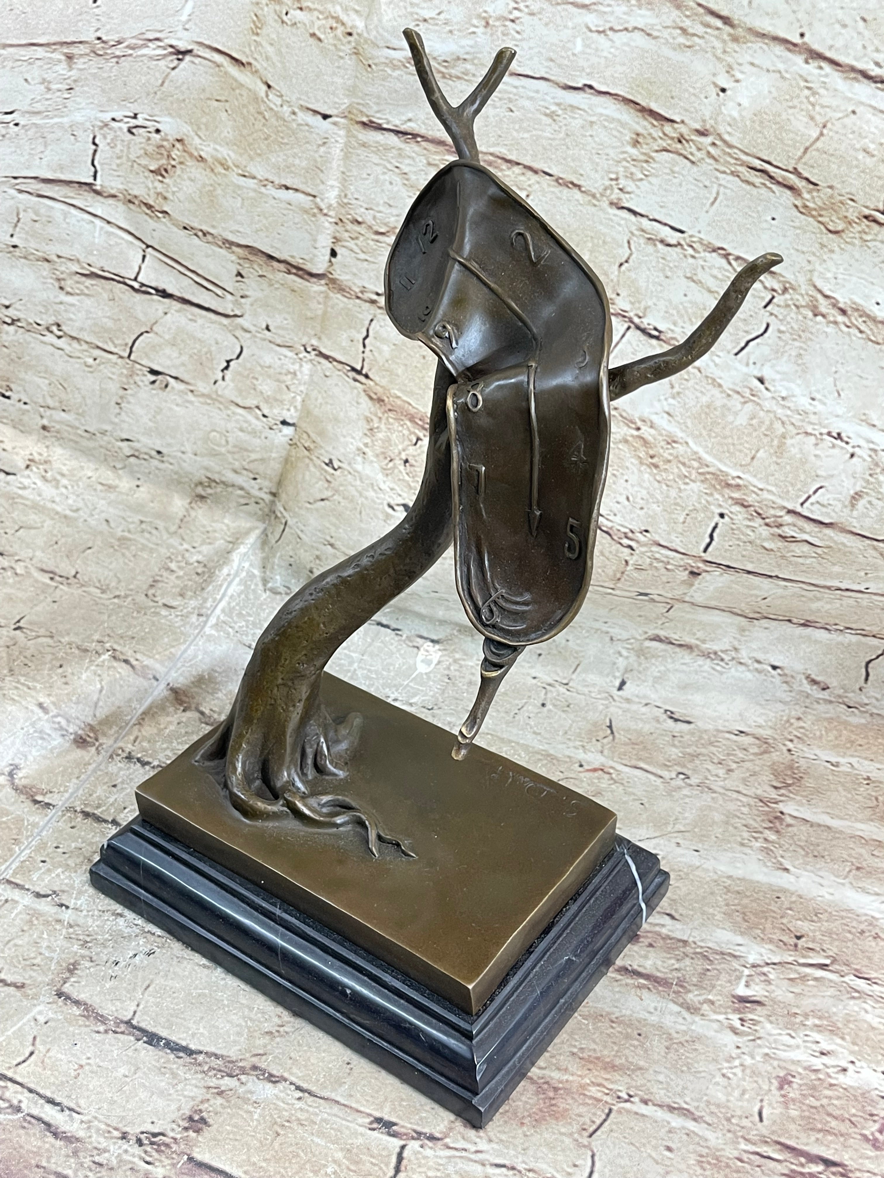 Bronze Surreal Melting Clock by Dali on Marble Base