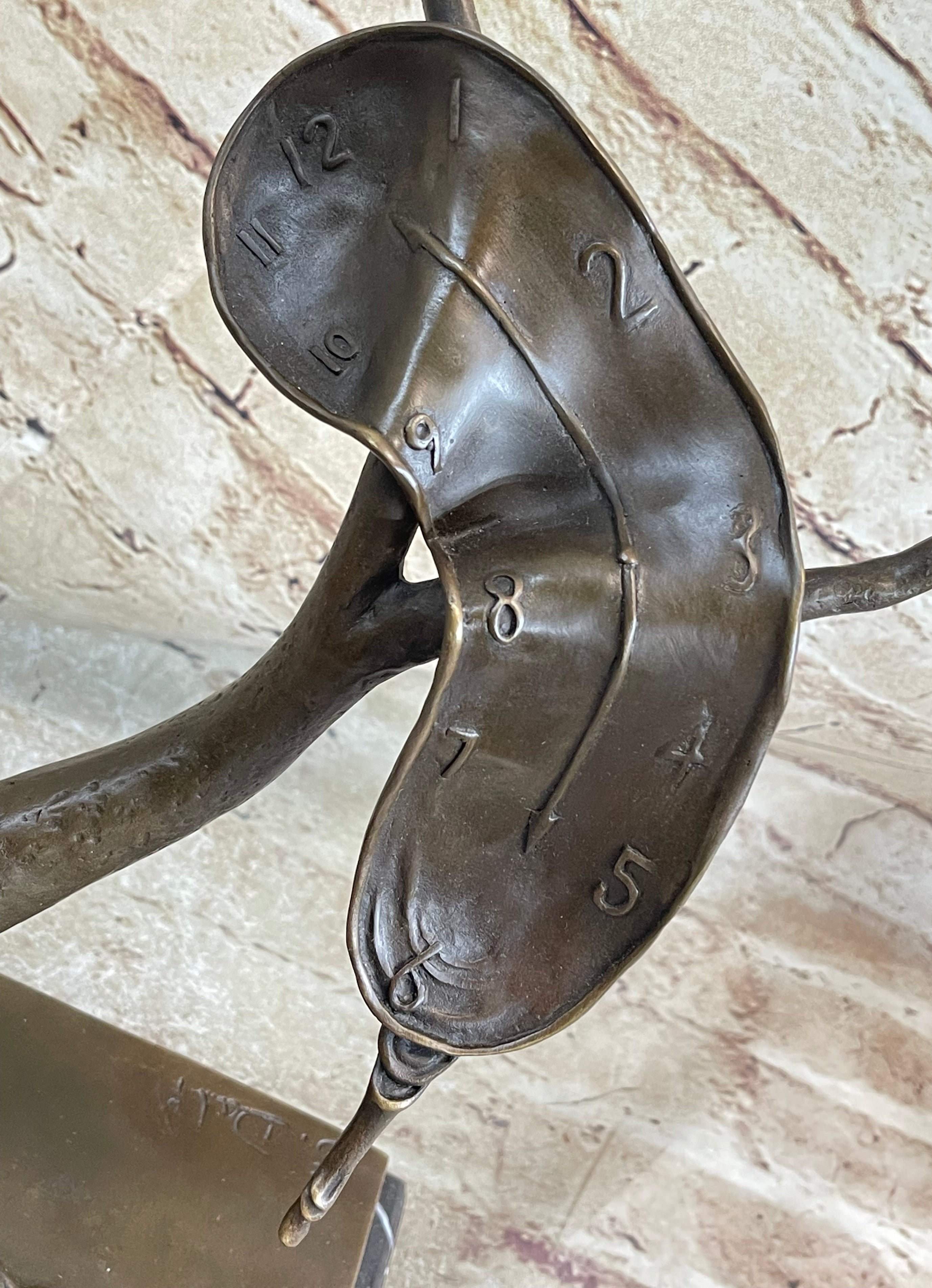 Bronze Surreal Melting Clock by Dali on Marble Base