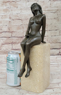 Nude Bronze Female Figure Seated on Tan Marble Base Signed Original Sculpture 13" x 4"