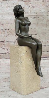 Nude Bronze Female Figure Seated on Tan Marble Base Signed Original Sculpture 13" x 4"