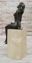 Nude Bronze Female Figure Seated on Tan Marble Base Signed Original Sculpture 13" x 4"