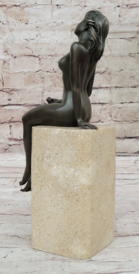 Nude Bronze Female Figure Seated on Tan Marble Base Signed Original Sculpture 13" x 4"