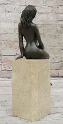 Nude Bronze Female Figure Seated on Tan Marble Base Signed Original Sculpture 13" x 4"