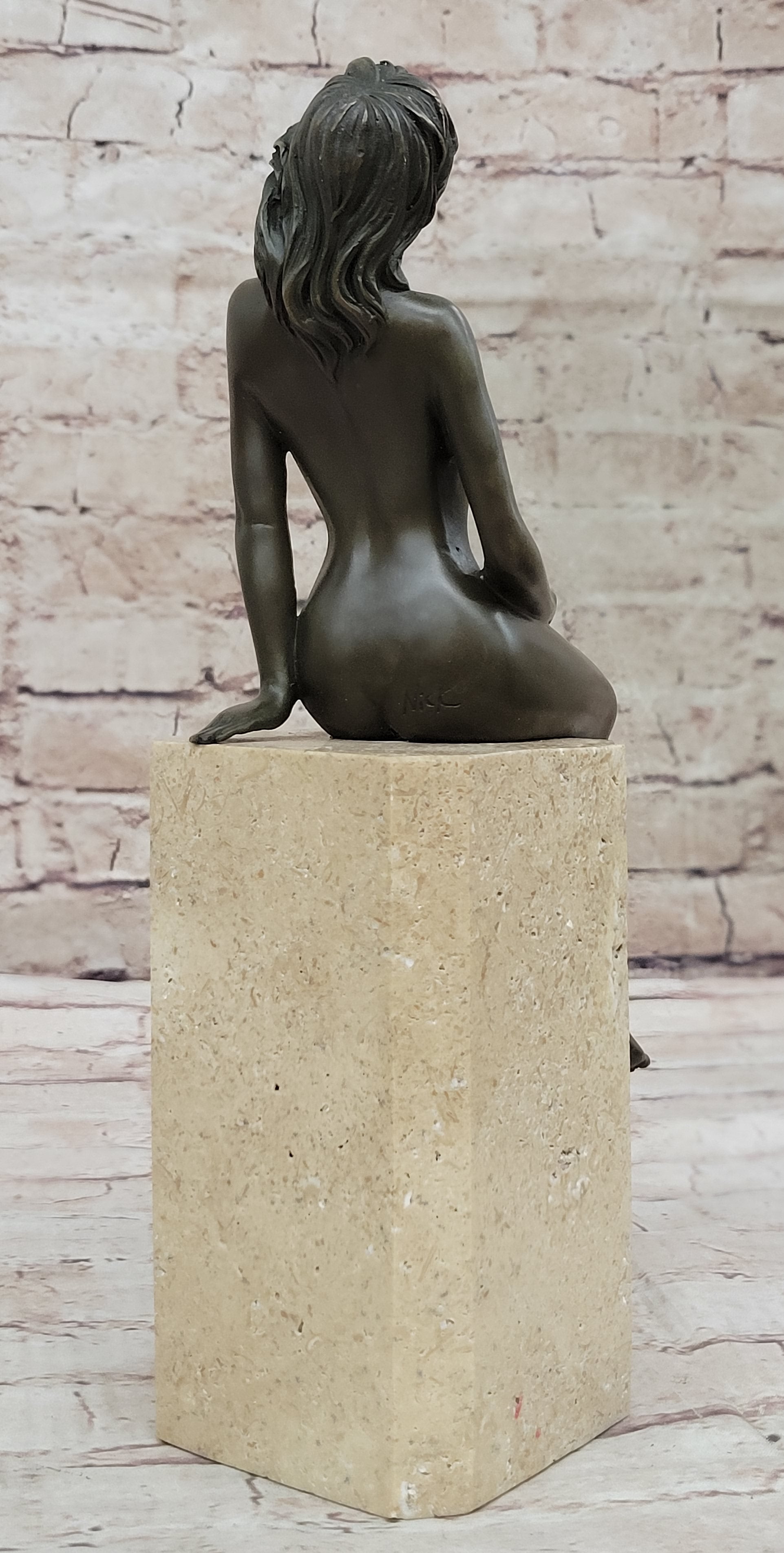 Nude Bronze Female Figure Seated on Tan Marble Base Signed Original Sculpture 13" x 4"