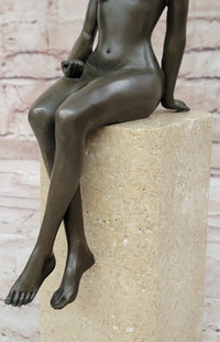 Nude Bronze Female Figure Seated on Tan Marble Base Signed Original Sculpture 13" x 4"