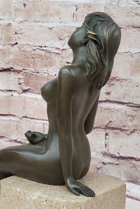 Nude Bronze Female Figure Seated on Tan Marble Base Signed Original Sculpture 13" x 4"