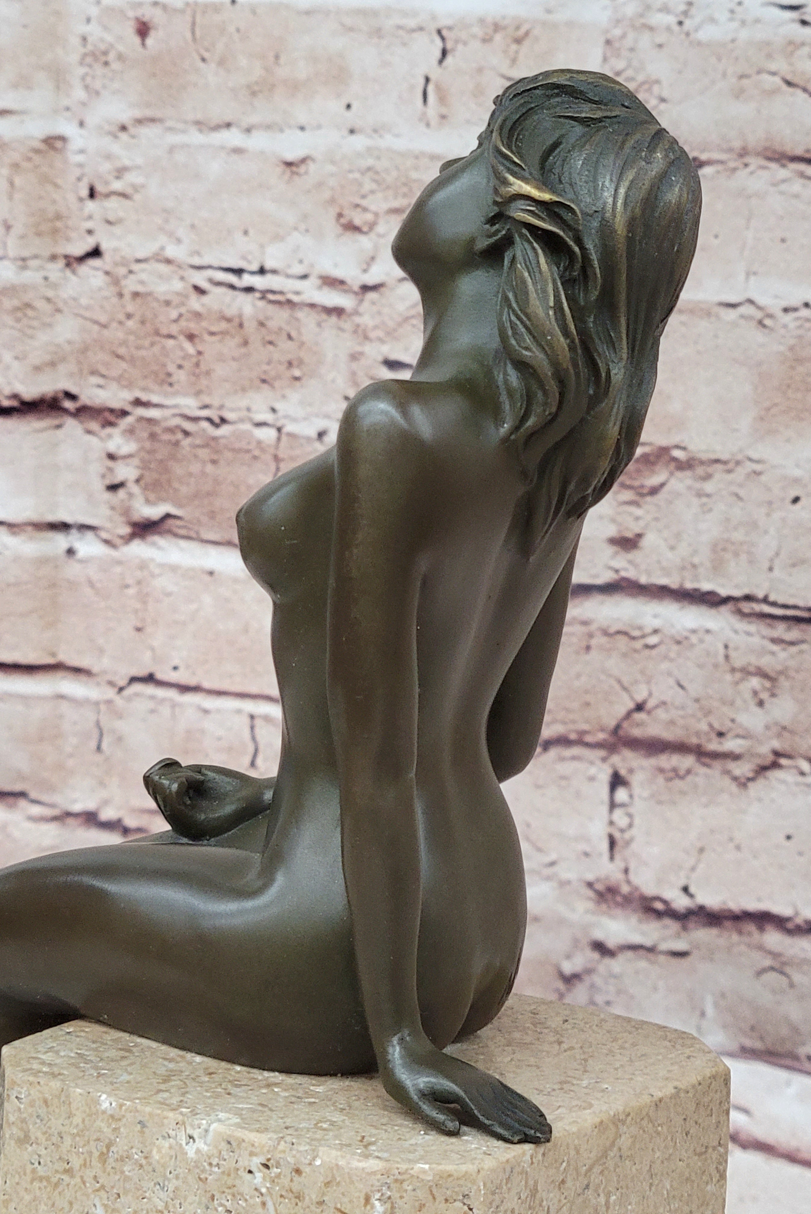 Nude Bronze Female Figure Seated on Tan Marble Base Signed Original Sculpture 13" x 4"