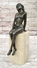 Nude Bronze Female Figure Seated on Tan Marble Base Signed Original Sculpture 13" x 4"