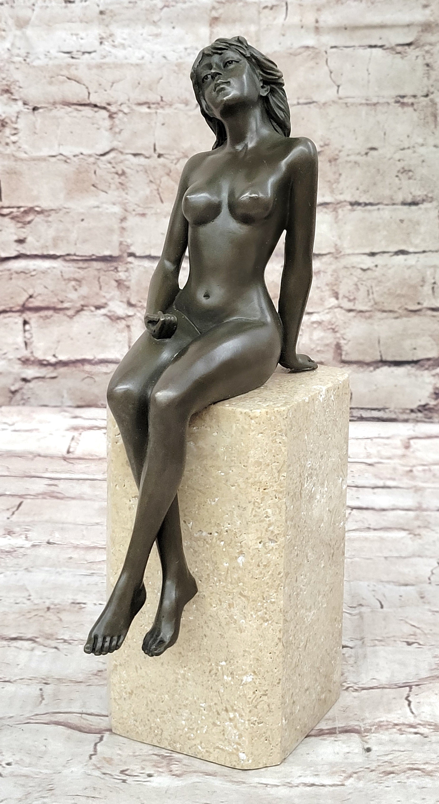 Nude Bronze Female Figure Seated on Tan Marble Base Signed Original Sculpture 13" x 4"