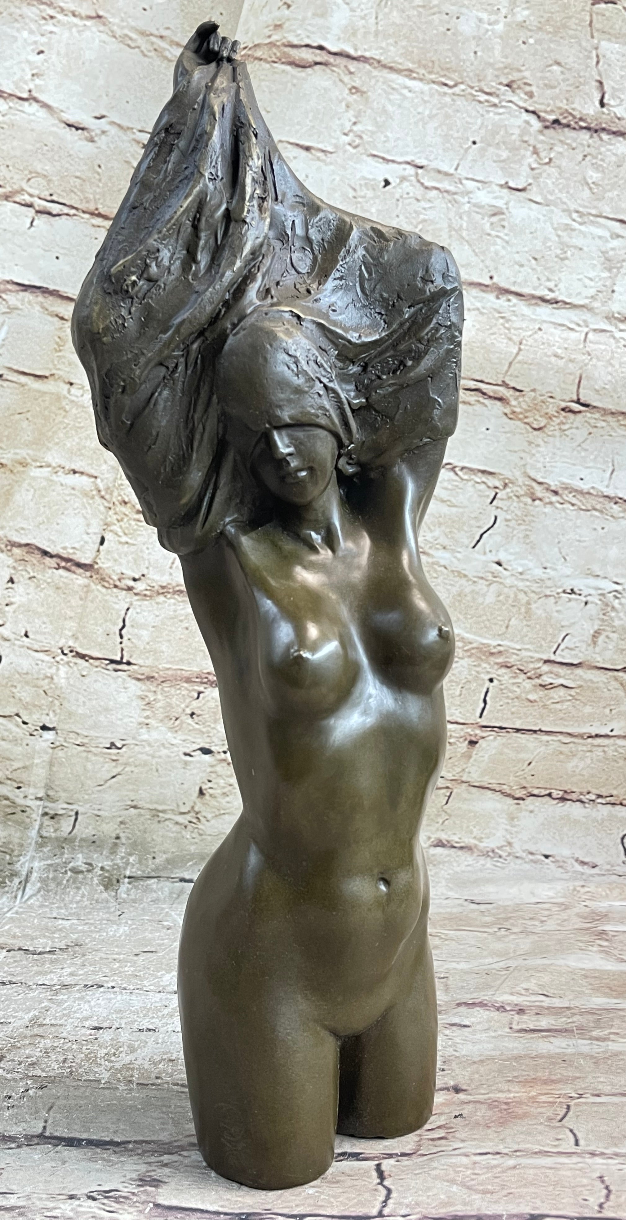 Nude Female Torso Taking off Shirt Bronze Figure Sculpture Statue Figurine Original Art 14" x 5"