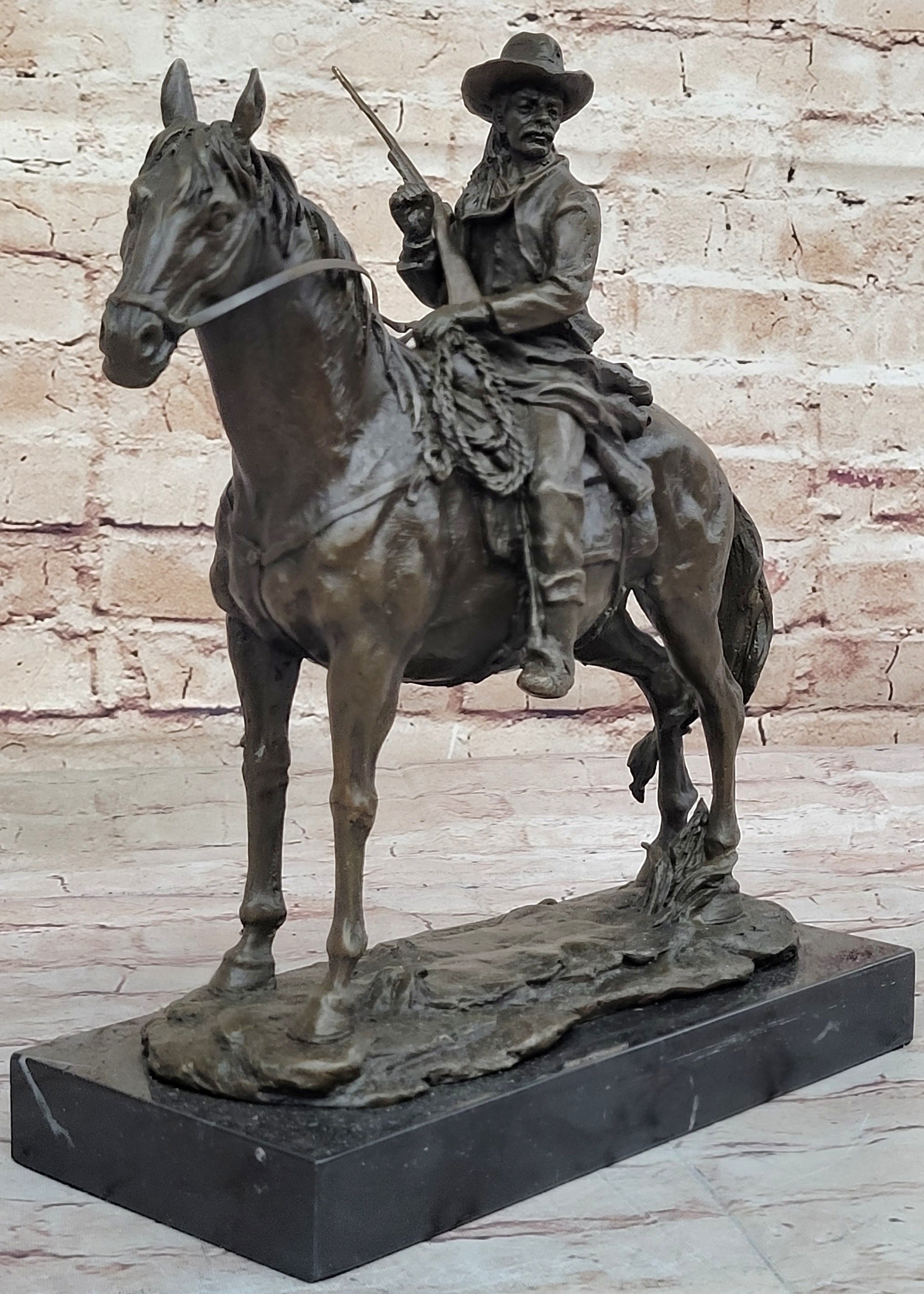 Bronze Remington Tribute Cowboy w/ Rifle Riding Horse 12" x 12"