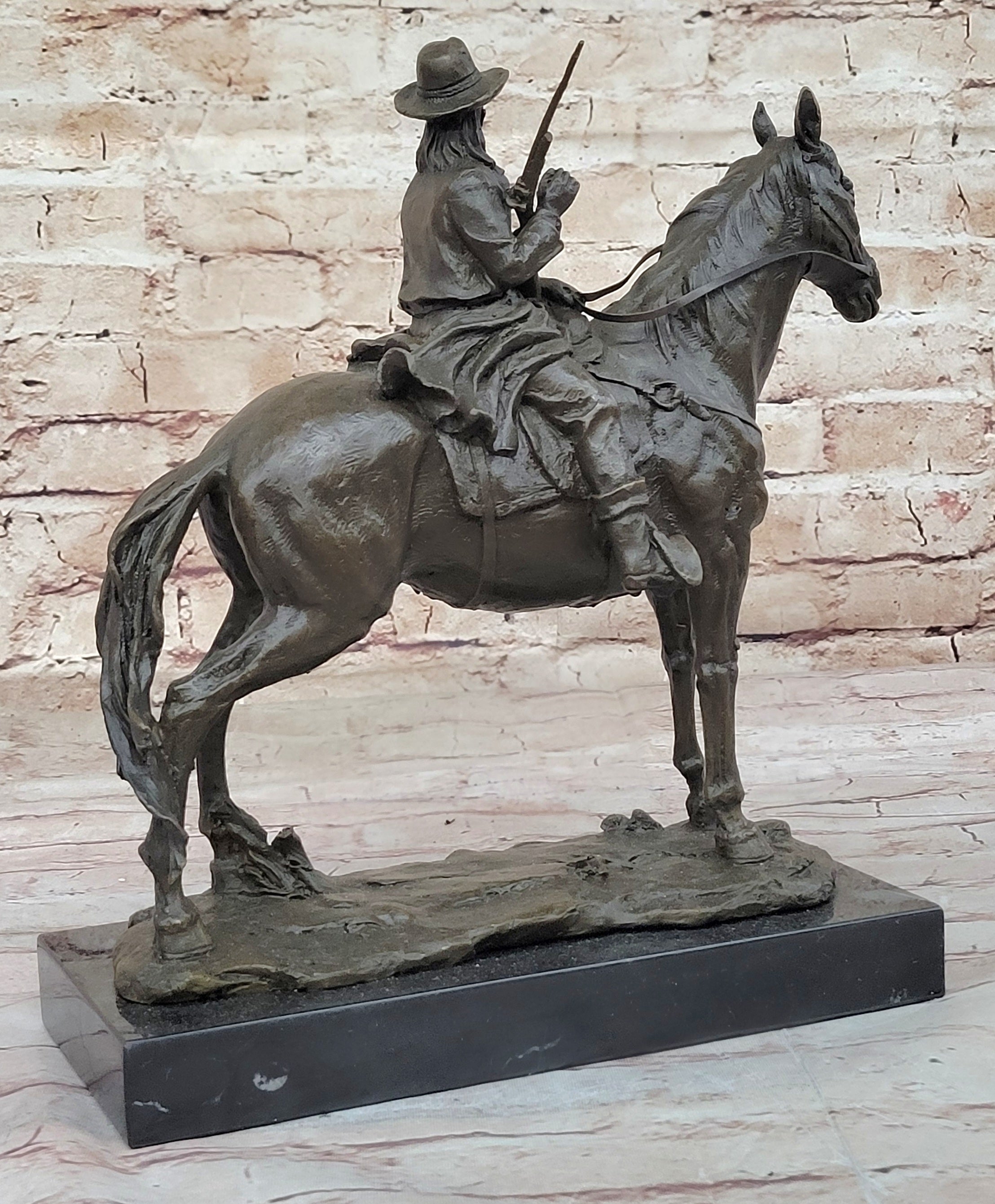 Bronze Remington Tribute Cowboy w/ Rifle Riding Horse 12" x 12"