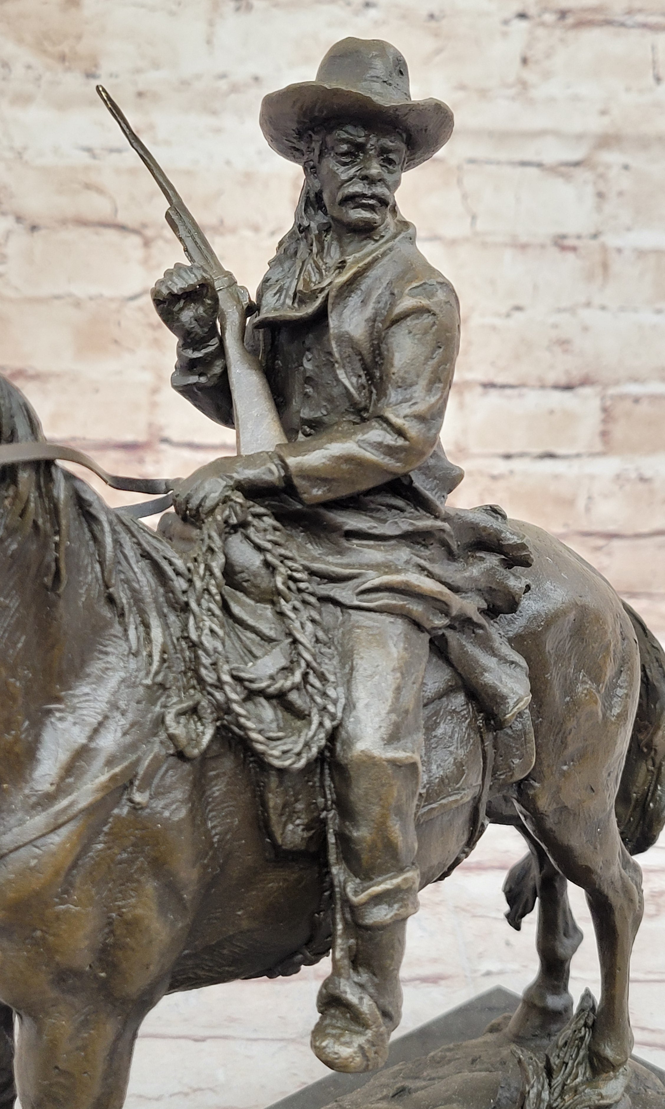 Bronze Remington Tribute Cowboy w/ Rifle Riding Horse 12" x 12"