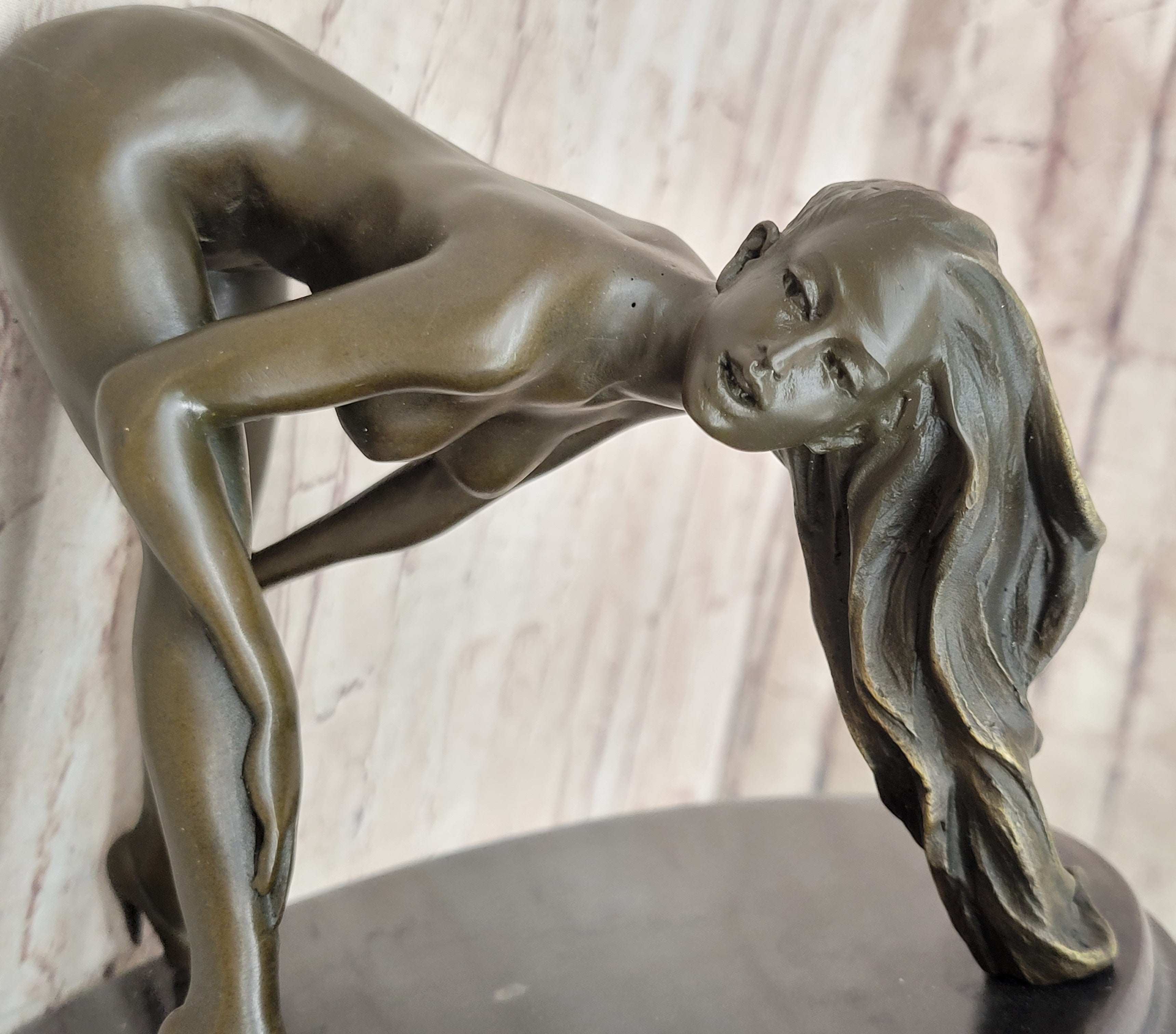 Signed Original Mavchi Nude Girl Erotic Bronze Sculpture Marble Base Figurine Figure 7" x 9"
