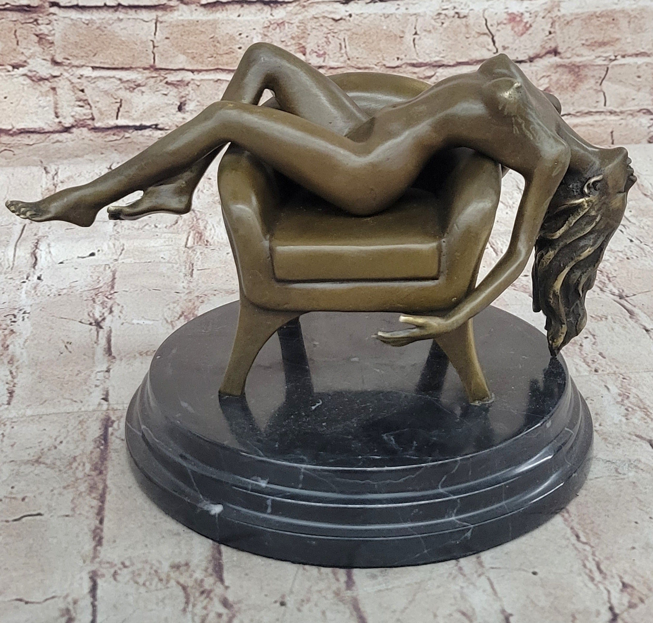 Modern Art Sculpture Statue Nude Girl Laying on Sofa Chair Bronze Figure Mavchi 9" x 10"