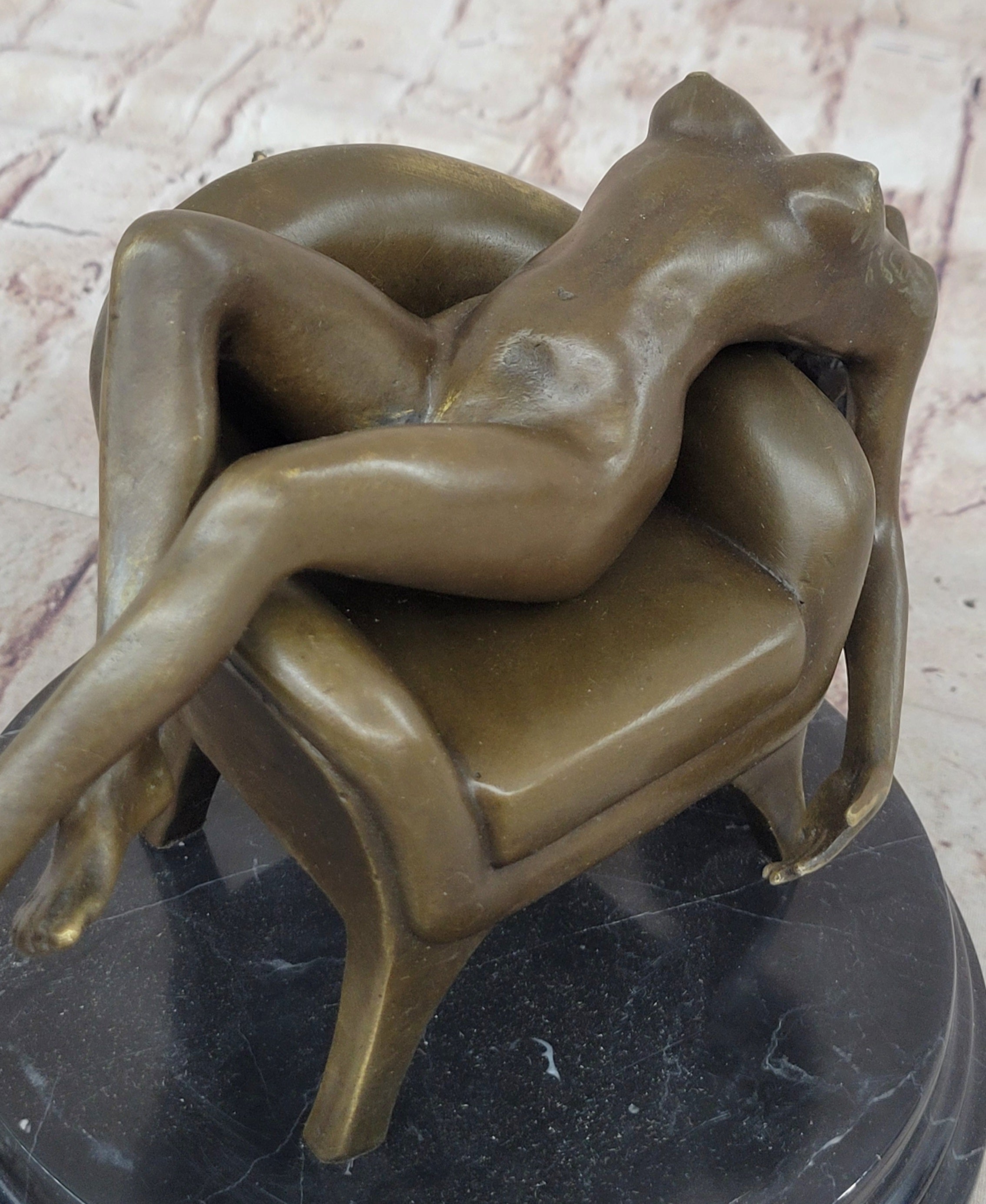 Modern Art Sculpture Statue Nude Girl Laying on Sofa Chair Bronze Figure Mavchi 9" x 10"