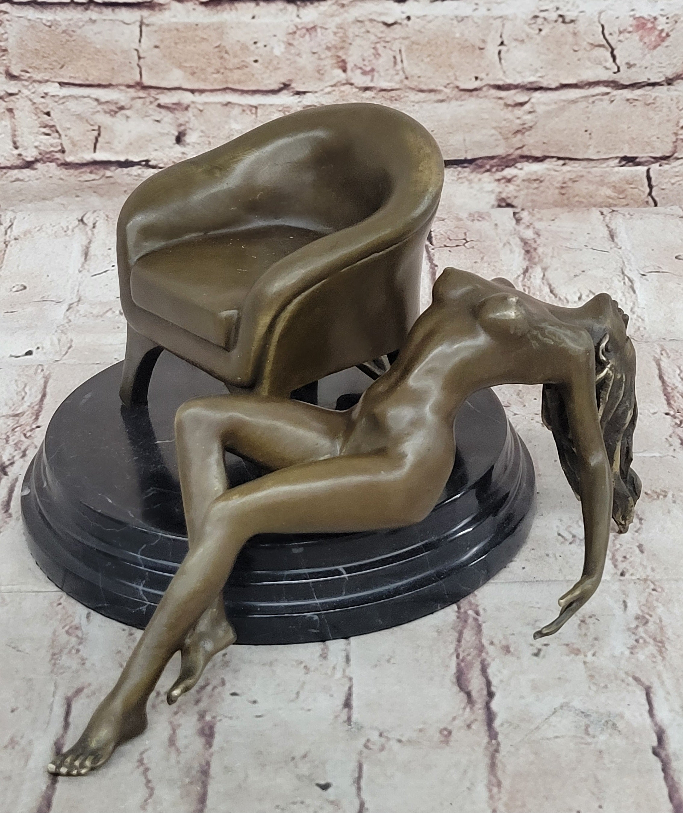 Modern Art Sculpture Statue Nude Girl Laying on Sofa Chair Bronze Figure Mavchi 9" x 10"