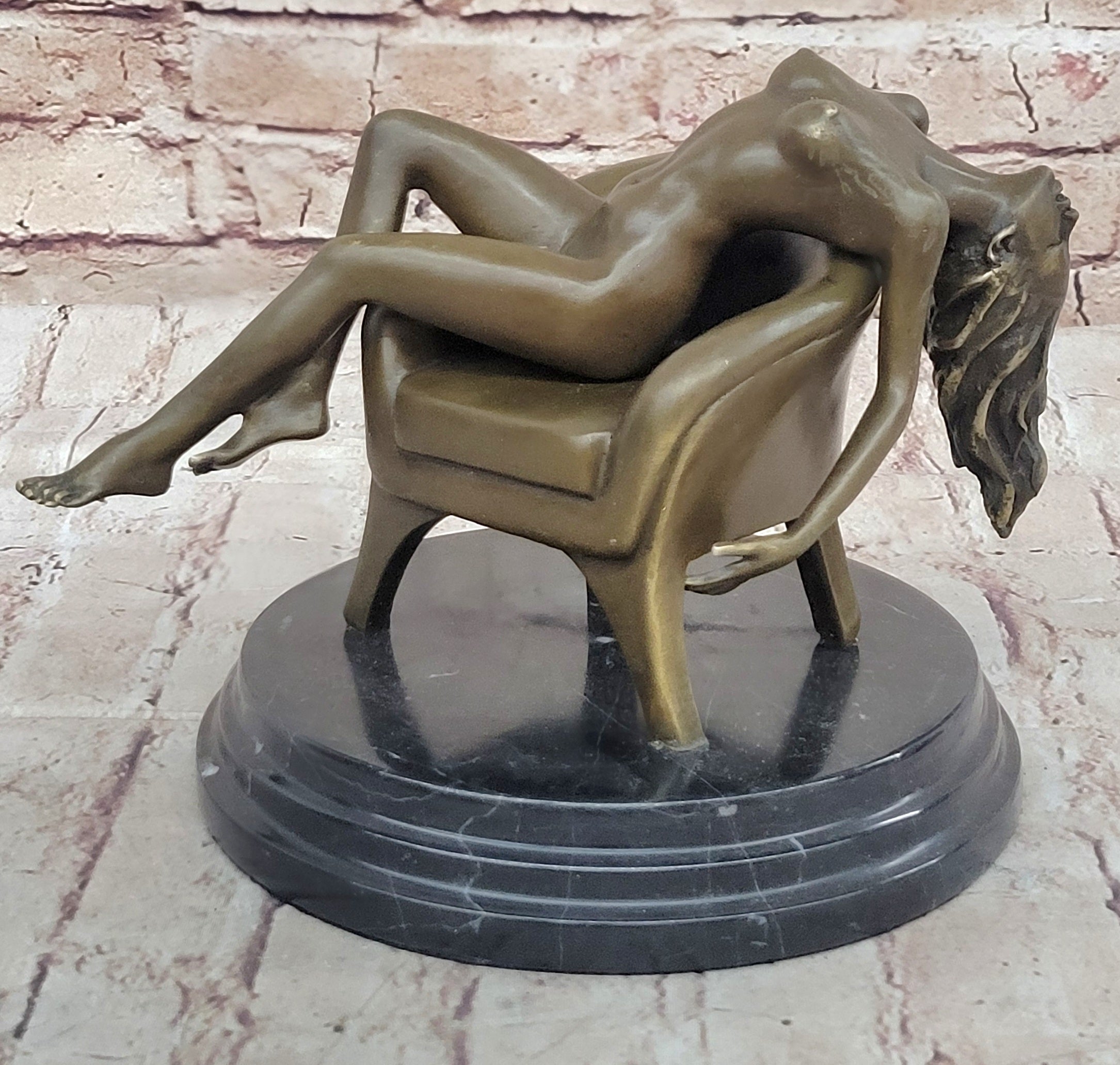 Modern Art Sculpture Statue Nude Girl Laying on Sofa Chair Bronze Figure Mavchi 9" x 10"