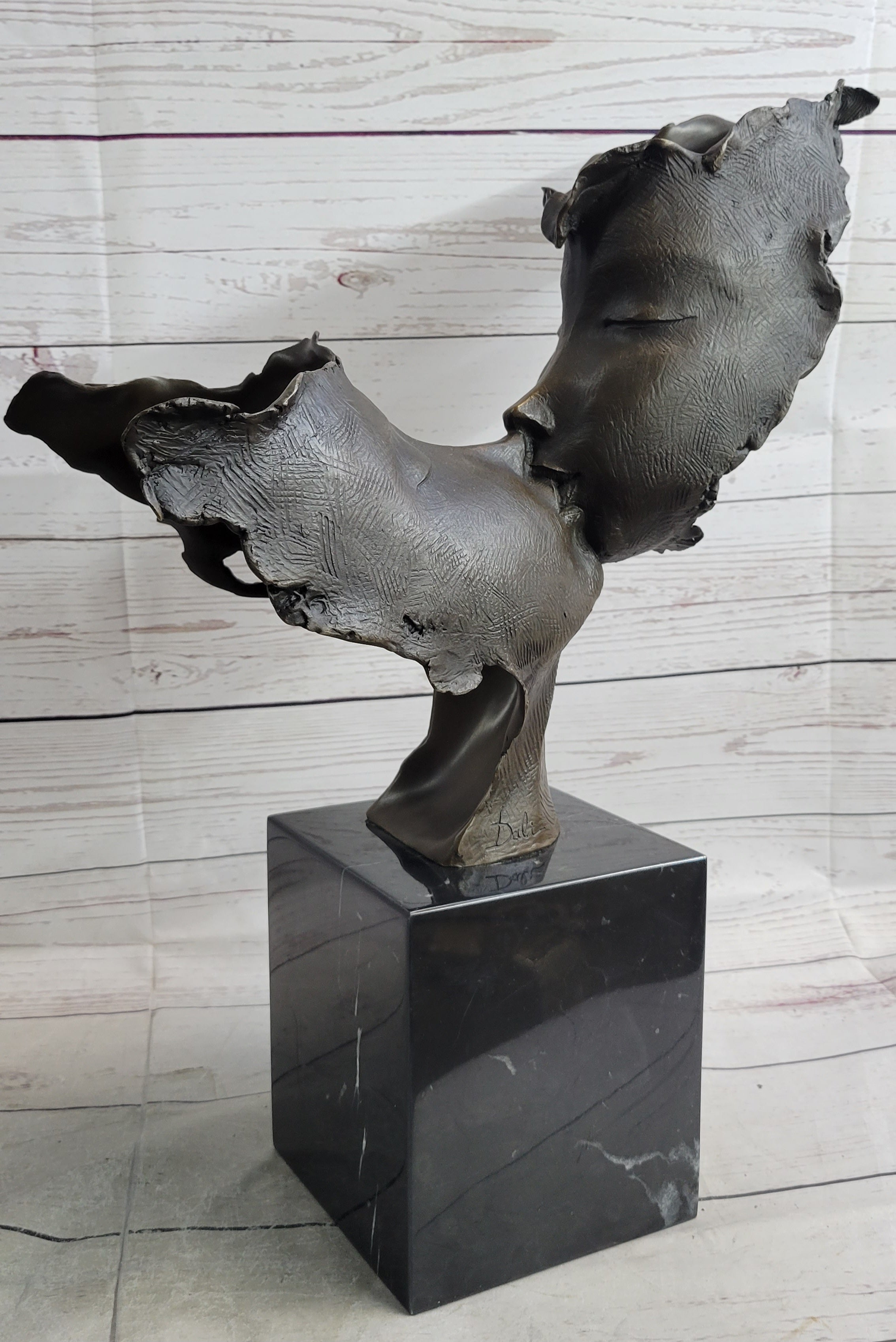 Lovers Romanic Kissing Faces Abstract Surrealist Bronze Sculpture Statue Salvador Dali on Marble Base