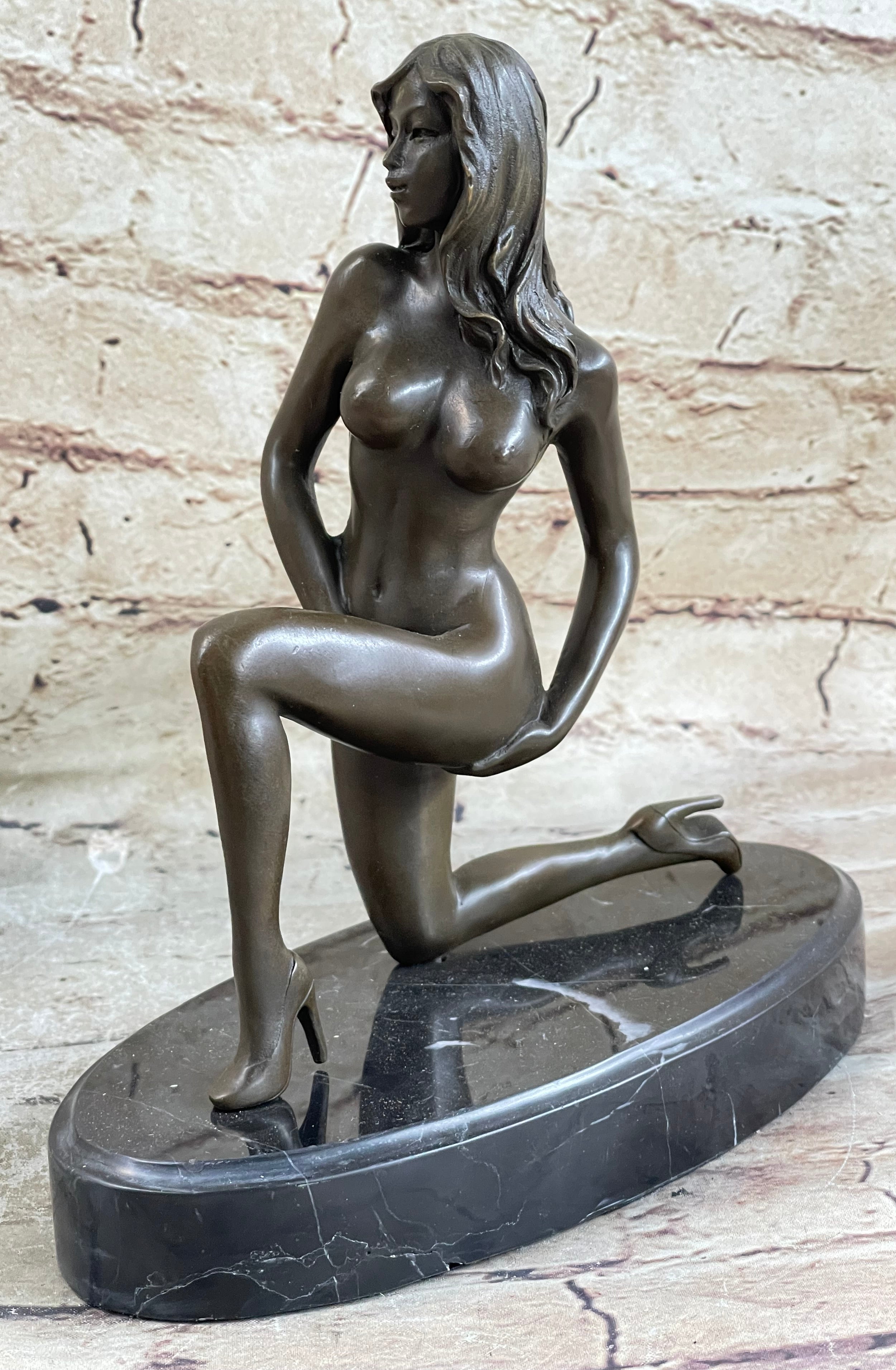 Sexy Girl Female High Heels Erotic Bronze Sculpture Statue Marble Base Mavchi 9"x 9"