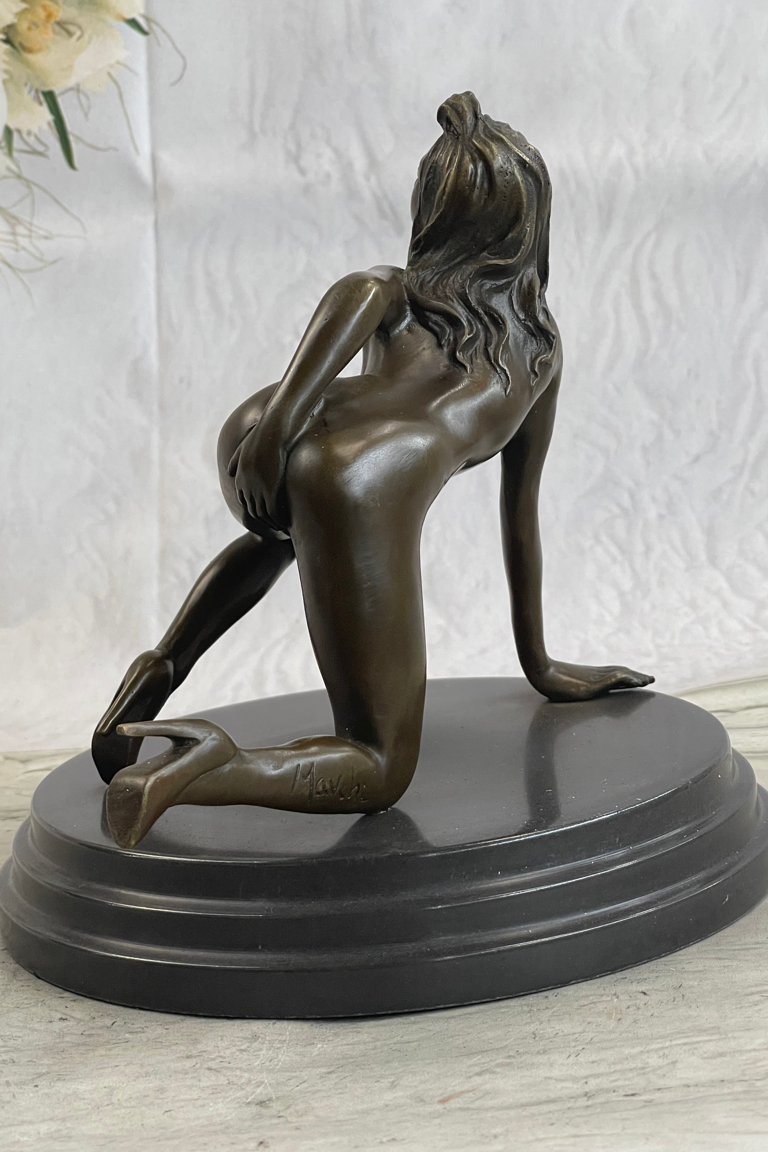 Erotic Exhibitionist Nude Girl Female Figurine Sculpture on Marbl Base by Mavchi
