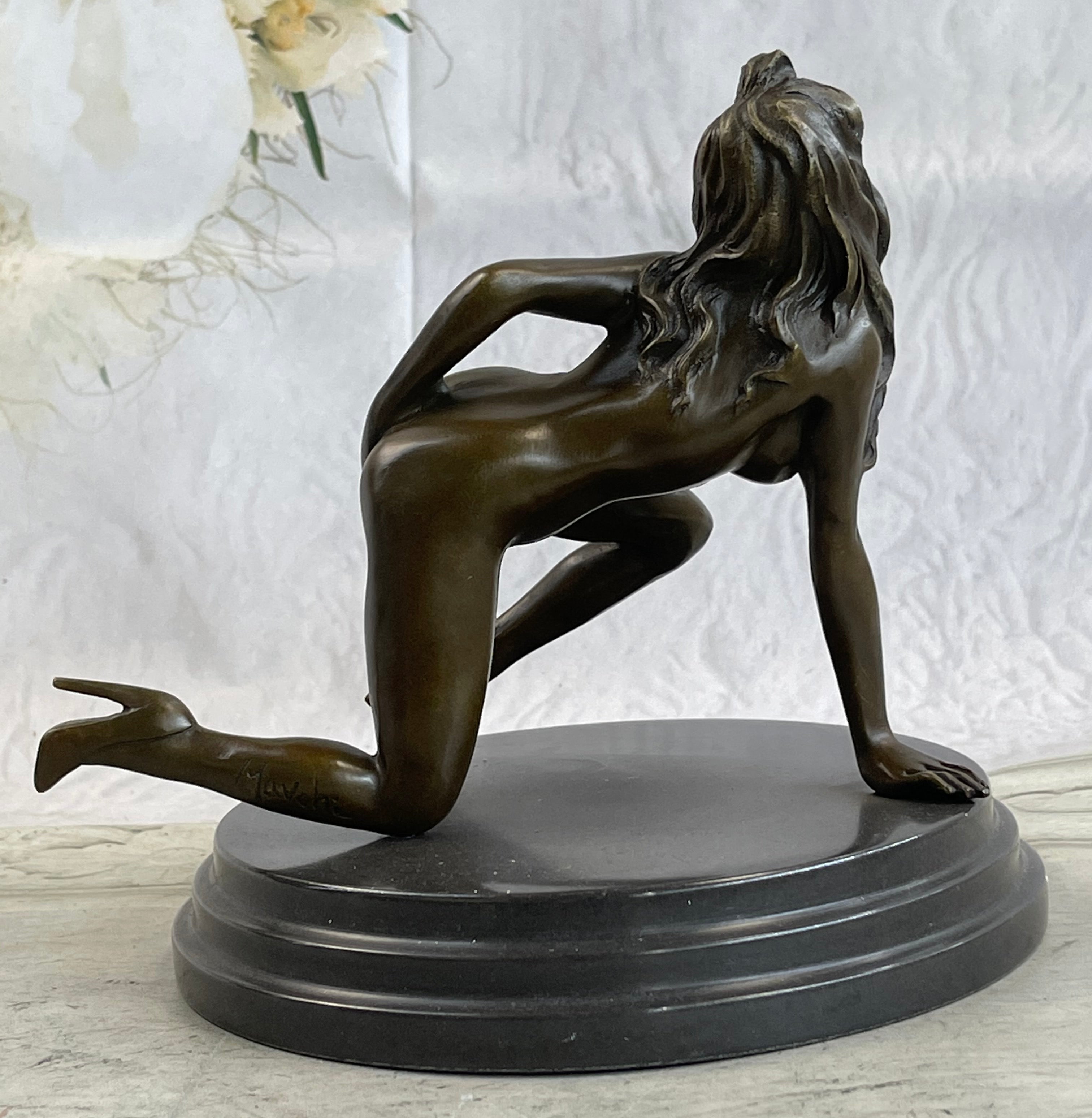 Erotic Exhibitionist Nude Girl Female Figurine Sculpture on Marbl Base by Mavchi