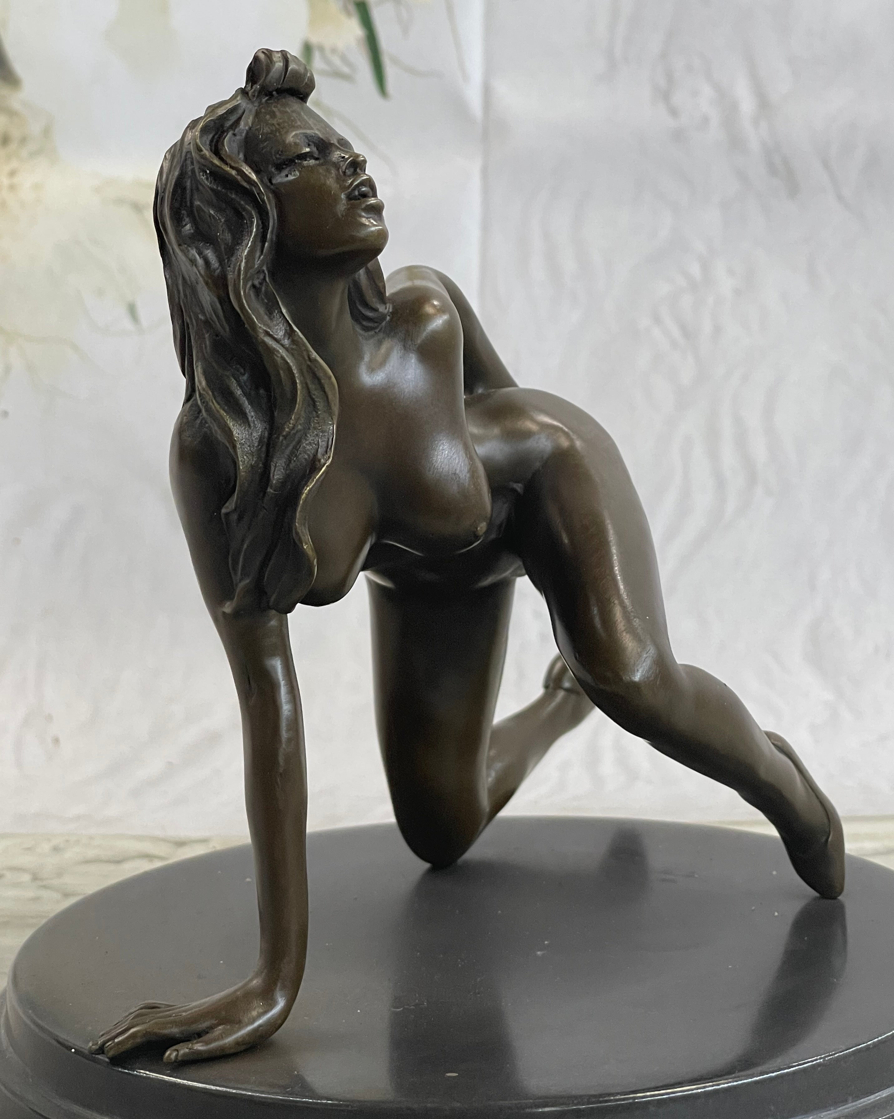Erotic Exhibitionist Nude Girl Female Figurine Sculpture on Marbl Base by Mavchi