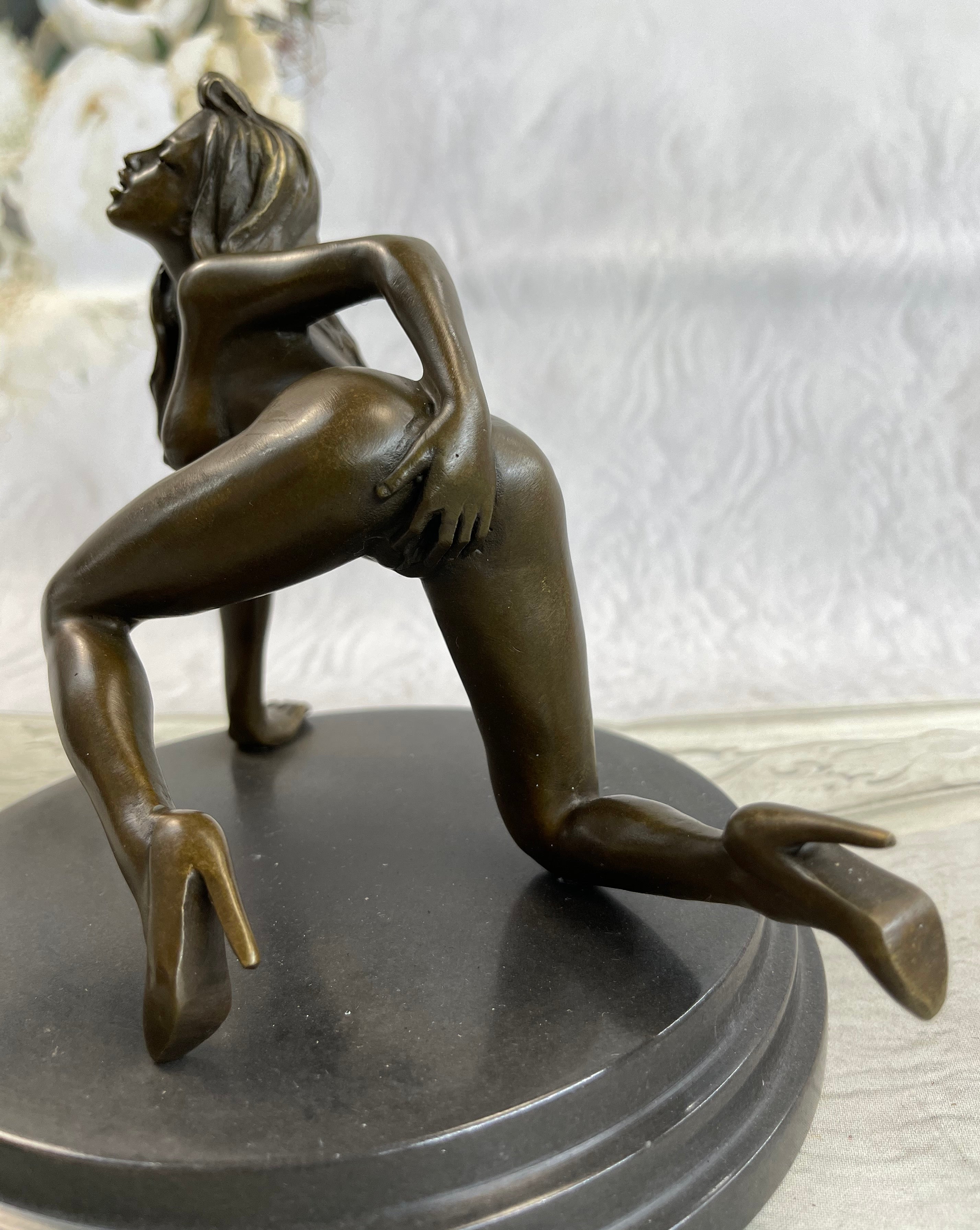 Erotic Exhibitionist Nude Girl Female Figurine Sculpture on Marbl Base by Mavchi