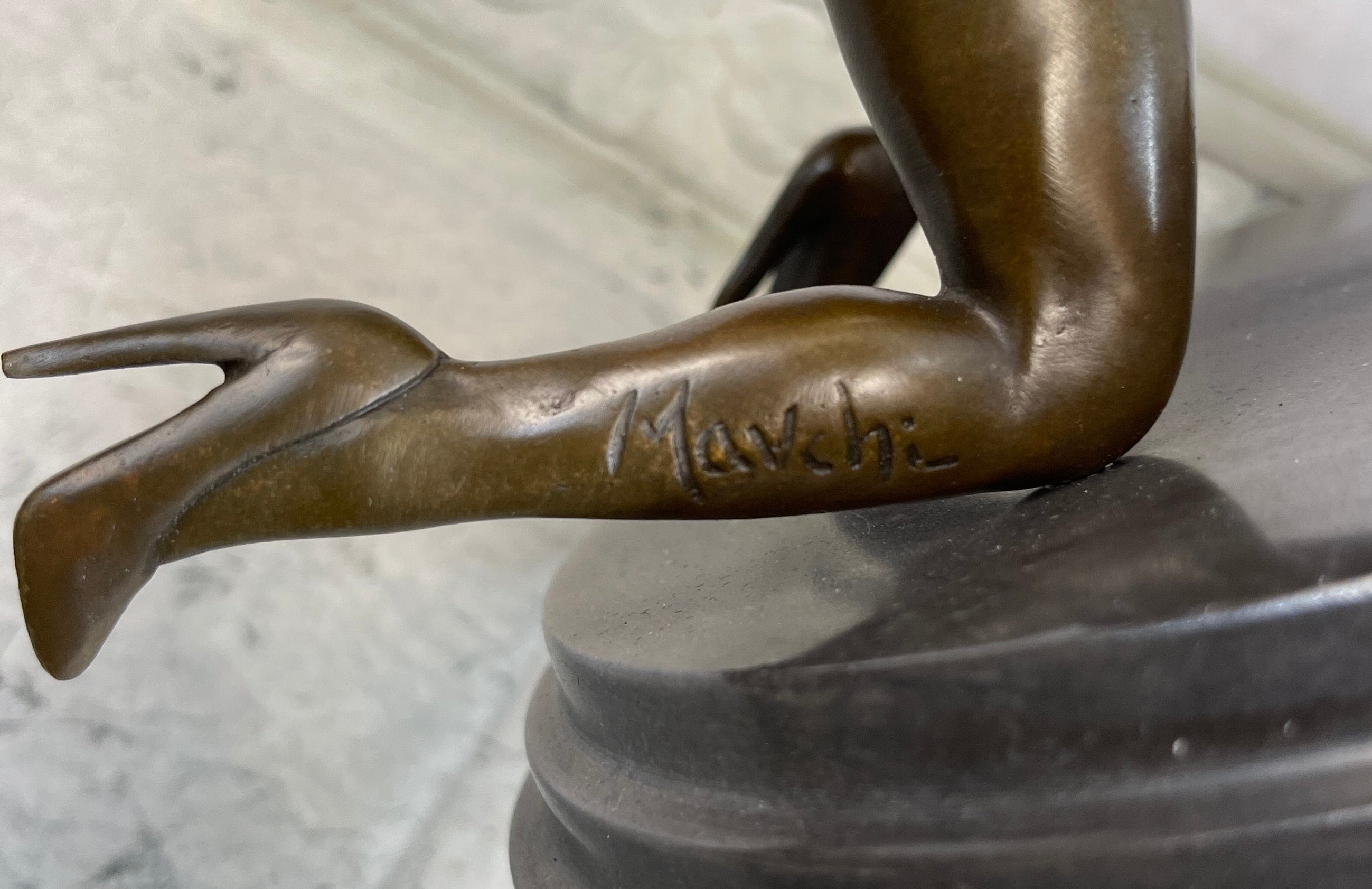 Erotic Exhibitionist Nude Girl Female Figurine Sculpture on Marbl Base by Mavchi